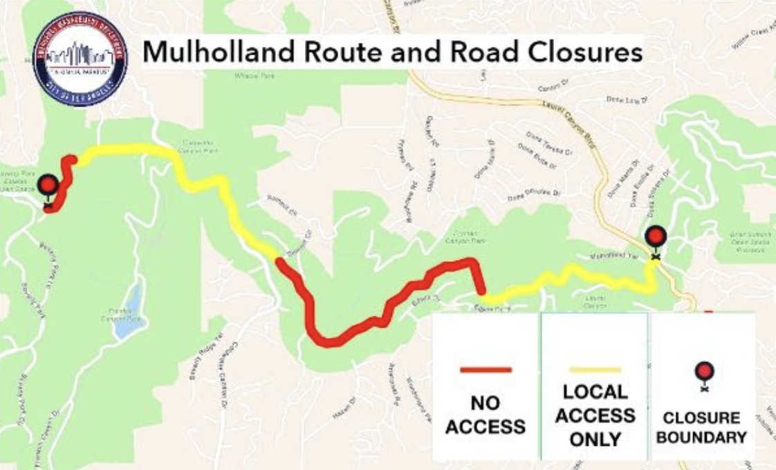 LADOTofficial's tweet photo. ⚠️ Mulholland Closure UPDATE⚠️ 
We want to remind #Angelenos that Mulholland Drive has a long-term road closure extending from Laurel Canyon Blvd to Beverly Place to the west of Coldwater Canyon. 

Commuters are advised to avoid the area and obey traffic officers. https://t.co/uJuQsve8kS