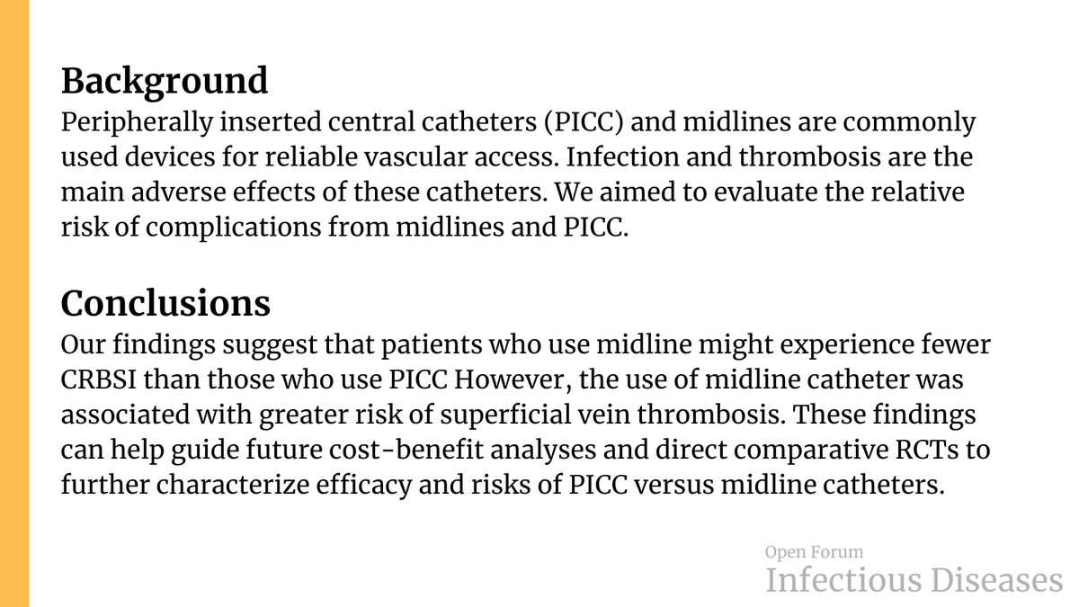 OFIDJournal's tweet photo. Comparing complication rates of midline catheter vs. peripherally inserted central catheter (PICC). A systematic review and meta-analysis

✅ Just Accepted
🔓 Open Access
🔗 https://t.co/sYsYtpPf04 https://t.co/B3sP2jf0vh