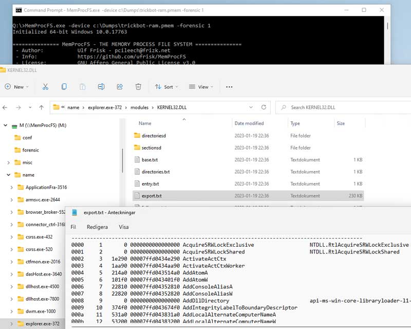 UlfFrisk's tweet photo. MemProcFS v5.3 released! Fast memory forensics in virtual file system! Now supports Hyper-V (Normal VM, WSL, SandBox, Container, VMware/VirtualBox on Hyper-V, nested VMs), PE version info, and forwarded functions.

https://t.co/inOM3l2eyd https://t.co/4m2HJGKsmN