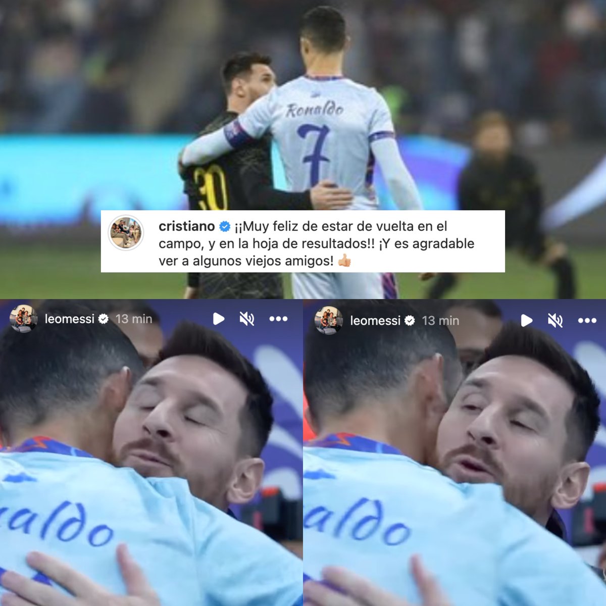 Cristiano Ronaldo publicó su abrazo con Lionel Messi. Y Lionel Messi subió a las historias su saludo con Cristiano Ronaldo. El respeto, cariño y admiración que se tienen los más grandes de la historia. LO ENTENDIERON TODO.