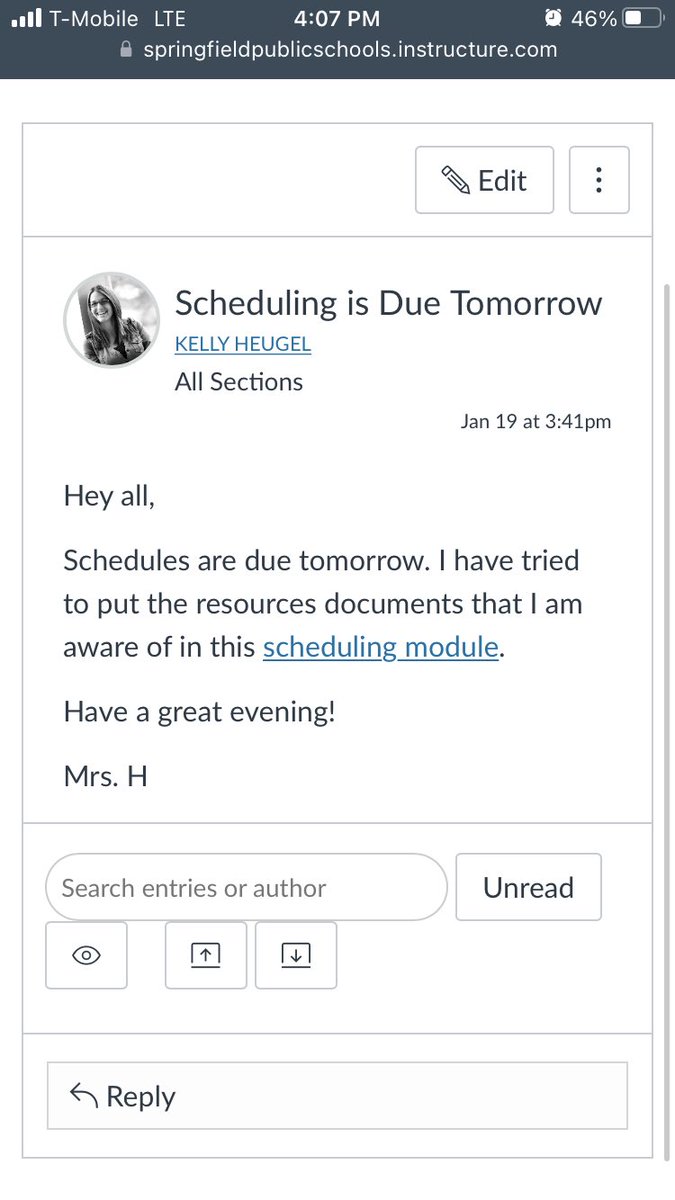 KellyHeugel's tweet photo. Schedules are due tomorrow. Parents, I have built a module of resources through Canvas. The all-important scheduling link came to your child’s canvas inbox. ⁦@CentralBulldog⁩ ⁦@PhelpsCenter⁩ https://t.co/BZKsT5YgbU