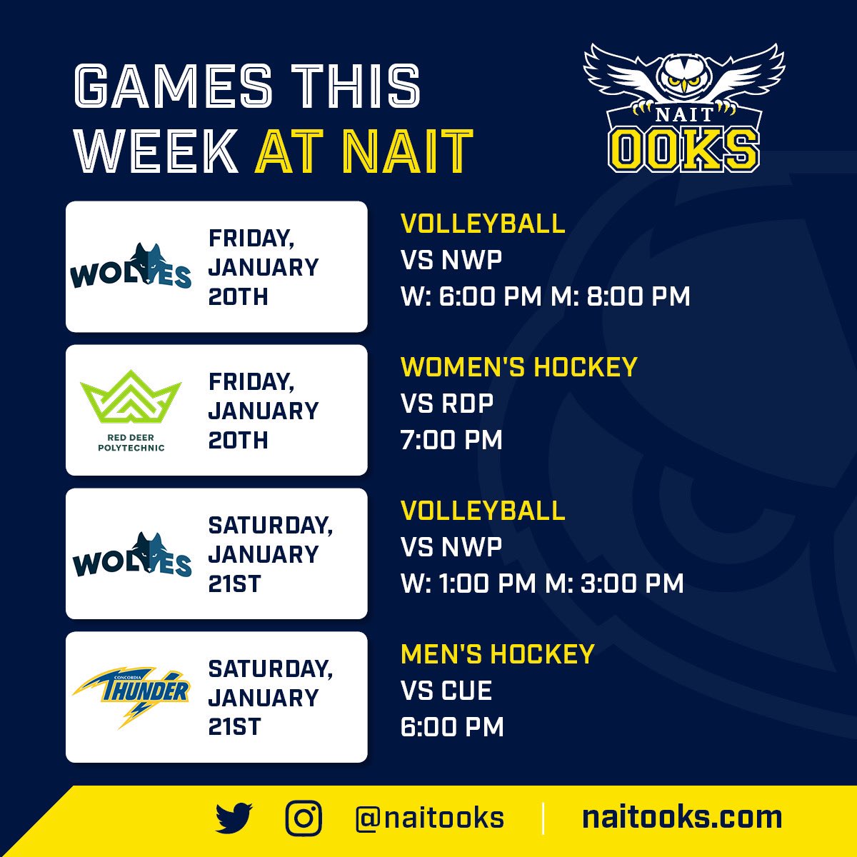 naitooks's tweet photo. This weekends games at NAIT! Come cheer on the Ooks! #ooksNAITion https://t.co/AjvUgh2IUo