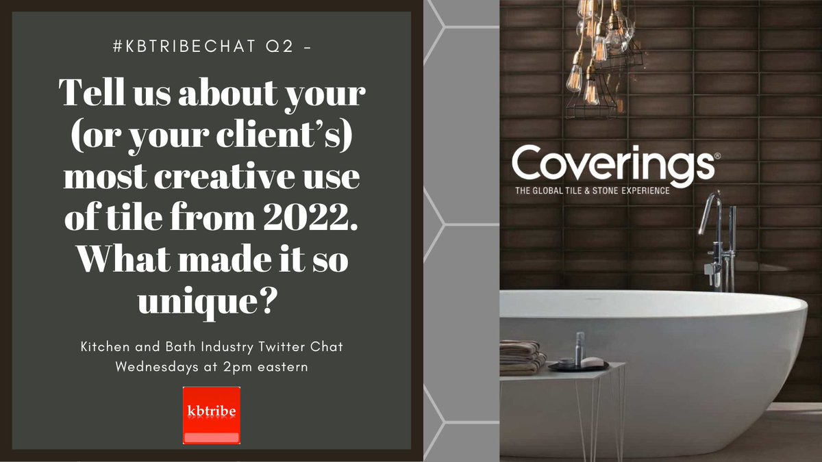 KBtribechat's tweet photo. Q2. #KBtribechat @Coverings:
Tell us about your (or your clientโs) most creative use of tile from 2022. What made it so unique? https://t.co/59pVBttYGy