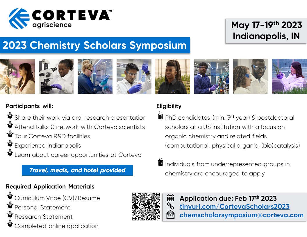 JanelleK88's tweet photo. Applications are now open for the Corteva Chemistry Scholars Symposium May 17-19 2023. Be part of the 2nd crop of scholars! More info 👇
https://t.co/MwkFXv7s7z
#cortevascholars2023 https://t.co/v6o53JYgTx
