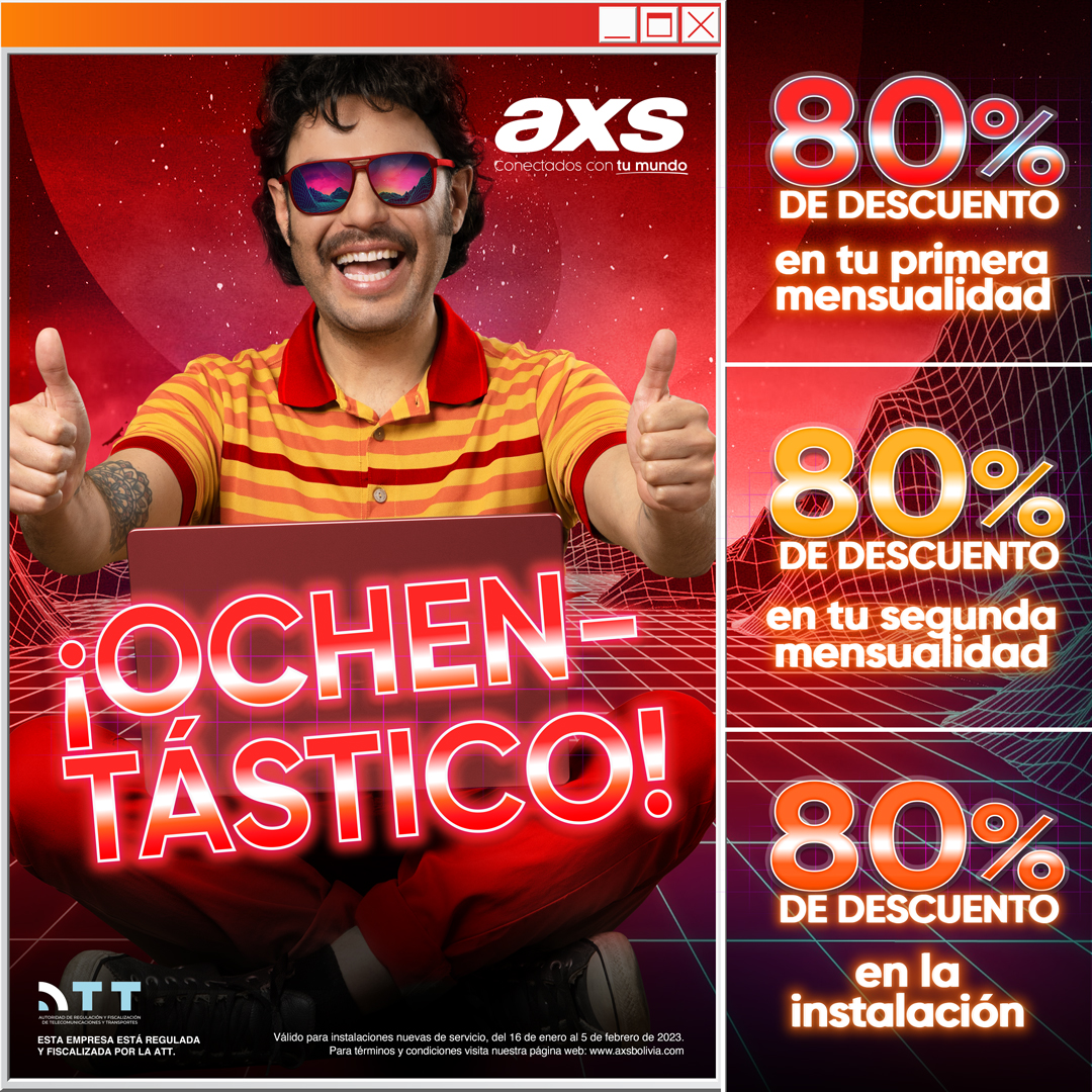 axsbolivia's tweet photo. ¡Solo AXS te trae esta oferta OCHENTÁSTICA! Y vas a disfrutarla cuando solicites tu servicio de internet y/o de AXS+:
🤯80% de descuento en el costo de instalación.
🤯80% de descuento en tu primera mensualidad.
🤯¡Y 80% de descuento en tu segunda mensualidad!
#AXSNet
#AXSPlus https://t.co/u3upC0LfVU