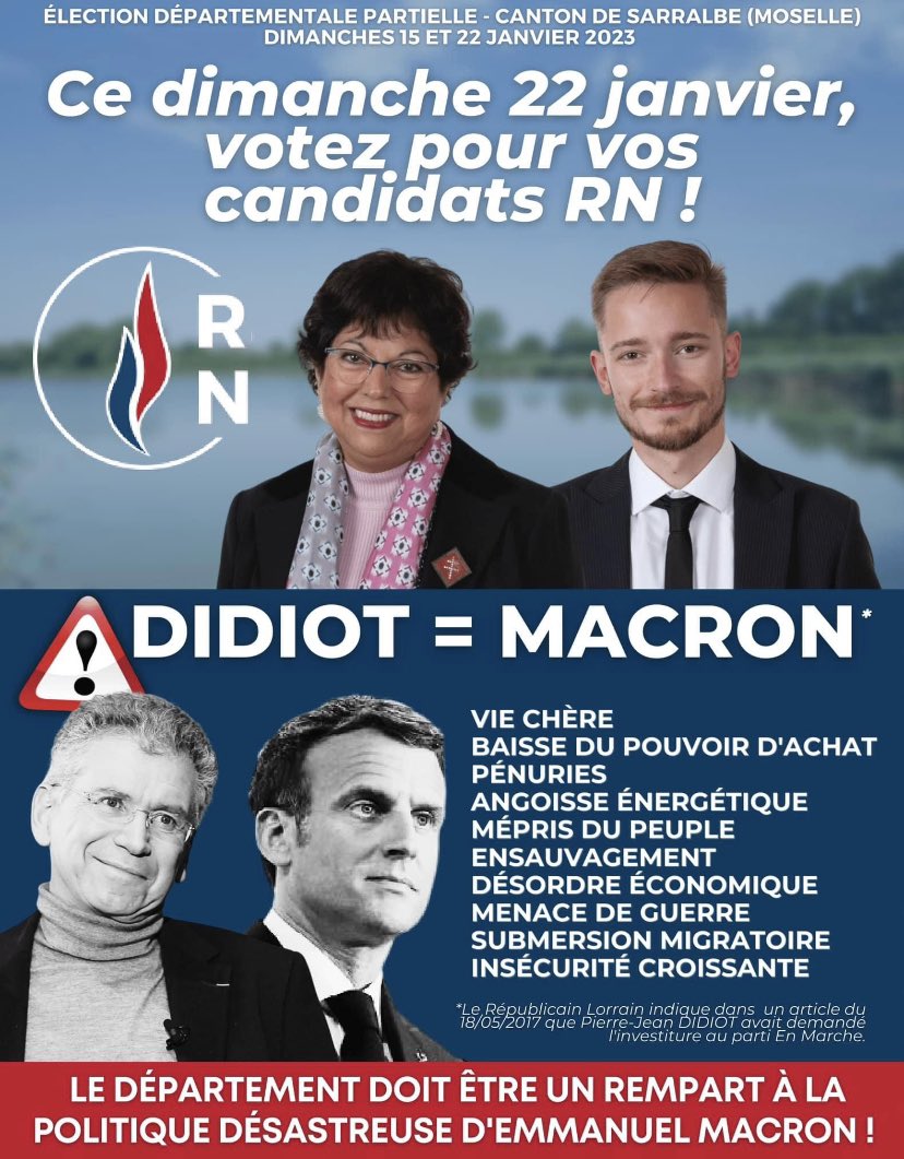 Ce dimanche toutes les voix comptent! Face à un candidat Macron compatible, MOBILISEZ-VOUS, le canton à besoin de vous! 🗳️🇫🇷 #JeVoteRN #RassemblementNational #cantondesarrable