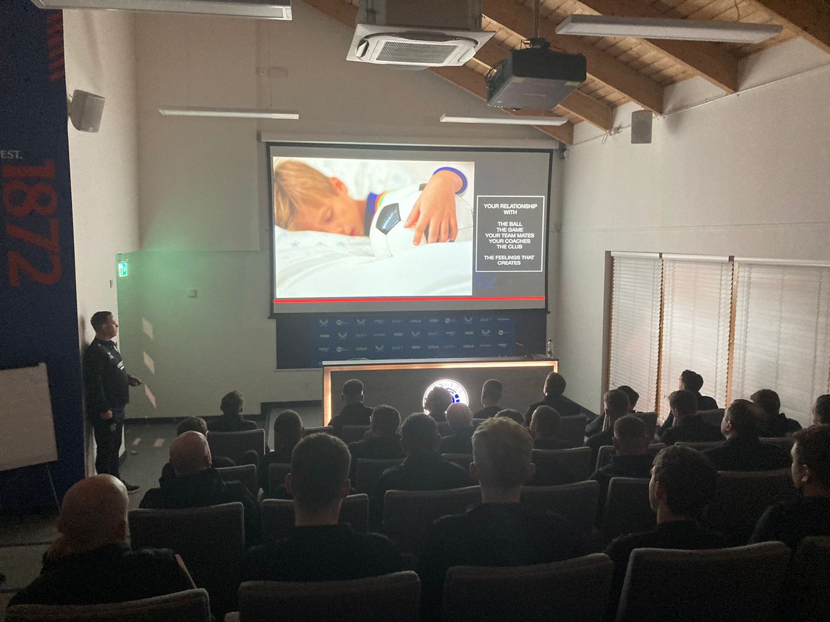 RFC_Youth's tweet photo. Fantastic day 3 of our coach development week with @RangersFC Manager Michael Beale &amp; first-team coach Harry Watling delivering to our coaches in the FP, YDP, PDP and Girls Academy. https://t.co/vdI1wl0c9V