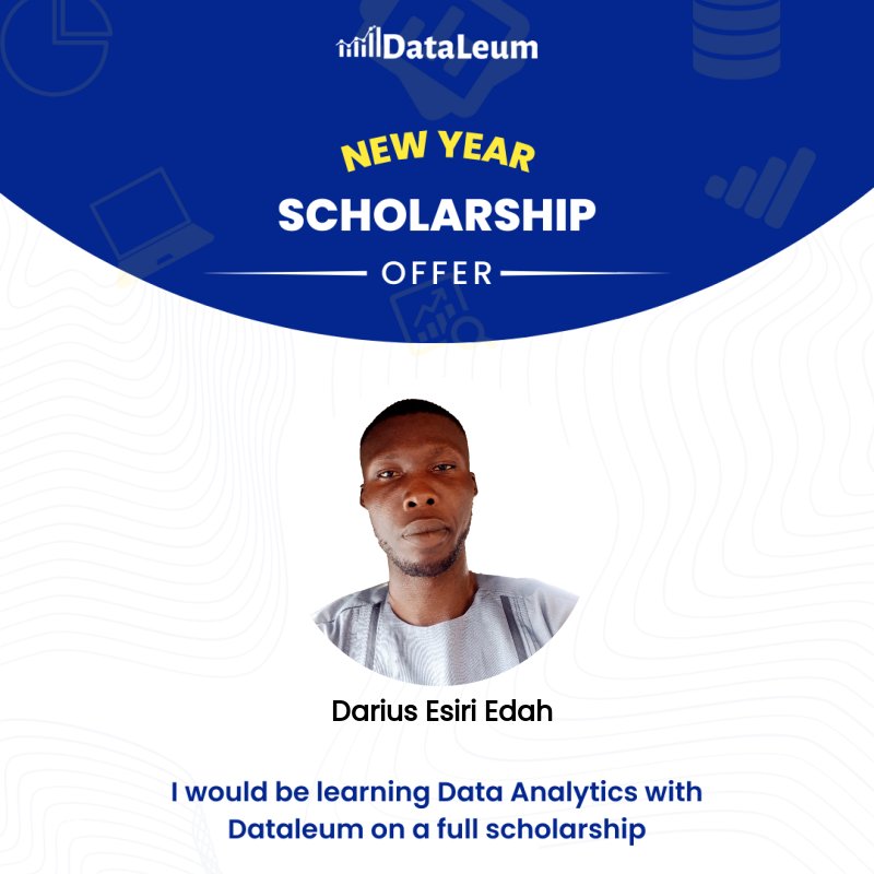 DariusEdah's tweet photo. I'm pleased to share that I've been accepted into Dataleum to take an intensive training on Data Analytics on scholarship. Course to commence on Saturday 21st, January
One of my resolutions this year just began.
#Dataleum #DataAnalytics #dataanalysis https://t.co/pz5McYbL2m
