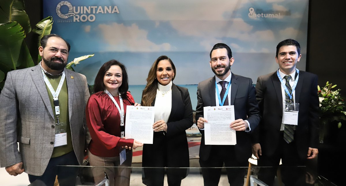 SedeturQROO's tweet photo. Como parte la estrategia para impulsar el #NuevoAcuerdo, nuestra gobernadora @MaraLezama y nuestro titular @BernardoCuetoMX firmaron un convenio con la presidenta municipal de #Cozumel @_juanitaalonso para el impulso del registro estatal de turismo #RETURQ.
#FITUR2023 https://t.co/IizBzWWOVz