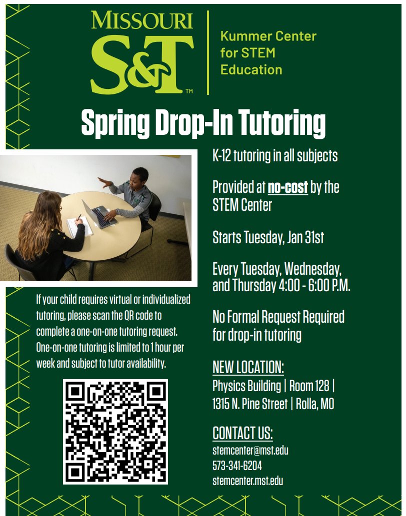 Missouri S&T Kummer Center for STEM Education (@sandtkummerstem) on Twitter photo #SpringSemester is under way here at <a href="/MissouriSandT/">Missouri S&T</a>! Do you know what else that means? It means we are gearing up to reopen our #FREETutoring here at the STEM Center and #Virtually. Go to our website for more information stemcenter.mst.edu #SpringSemester is under way here at <a href="/MissouriSandT/">Missouri S&T</a>! Do you know what else that means? It means we are gearing up to reopen our #FREETutoring here at the STEM Center and #Virtually. Go to our website for more information stemcenter.mst.edu