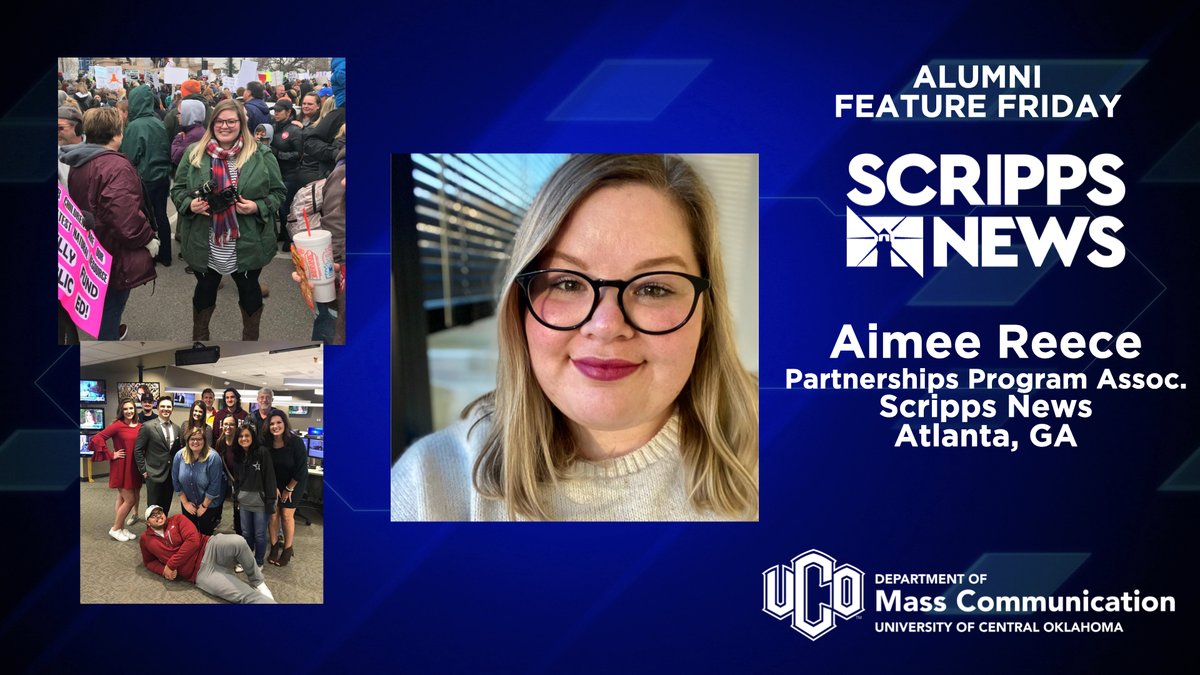 UCO_MCOM's tweet image. Time for our first #AlumniFeatureFriday of 2023 as we spotlight @UCO_MCOM alum @AimeeReece. Aimee is a Partnerships Program Associate with @scrippsnews in Atlanta, Georgia.  

Are you an @UCO_MCOM doing great things, DM us your details to be featured!