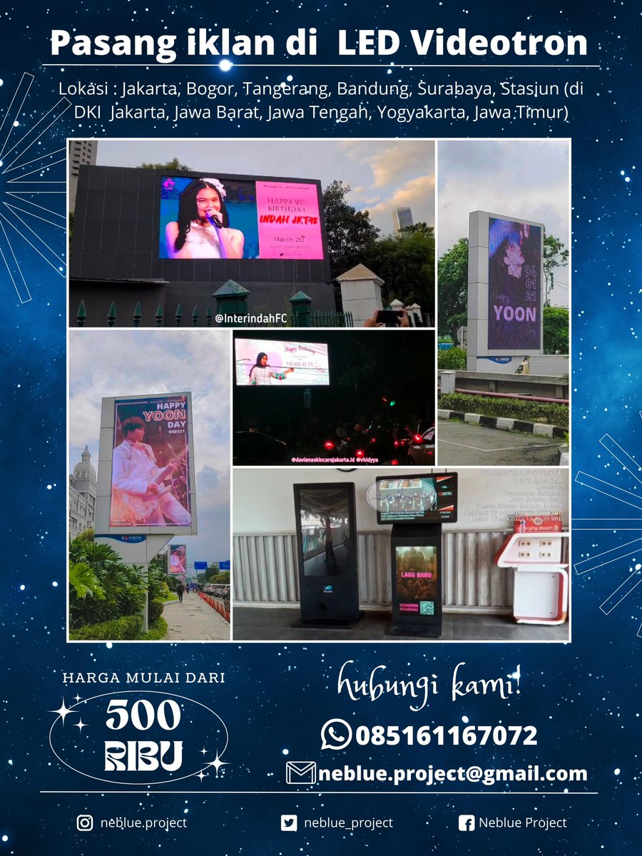 neblue_project's tweet photo. Pasang Ads di LED Videotron harga mulai dari 500ribuan aja.

Langsung kontak ke Neblue Project via WA 085161167072 atau email buat price list dan info lebih lanjut ya 💙

#NeblueProject #advertising #advertisingagency https://t.co/X0GEVpwJxt