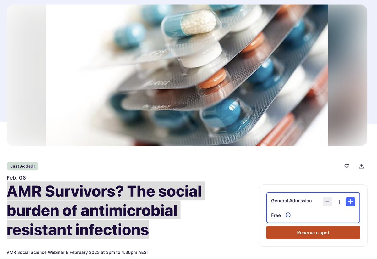AMR Social Science Webinar - 8/2/23 3pm AEDT:

"AMR Survivors? The social burden of antimicrobial resistant infections"

with 

Trang Do &amp; Andrea Whittaker

please register here: eventbrite.com.au/e/amr-survivor…
All welcome! <a href="/CentreImpactAMR/">Centre to Impact AMR</a> <a href="/MicroSocFutures/">Microbio-Social Futures</a> <a href="/TrangDo88/">Trang Do, PhD</a>