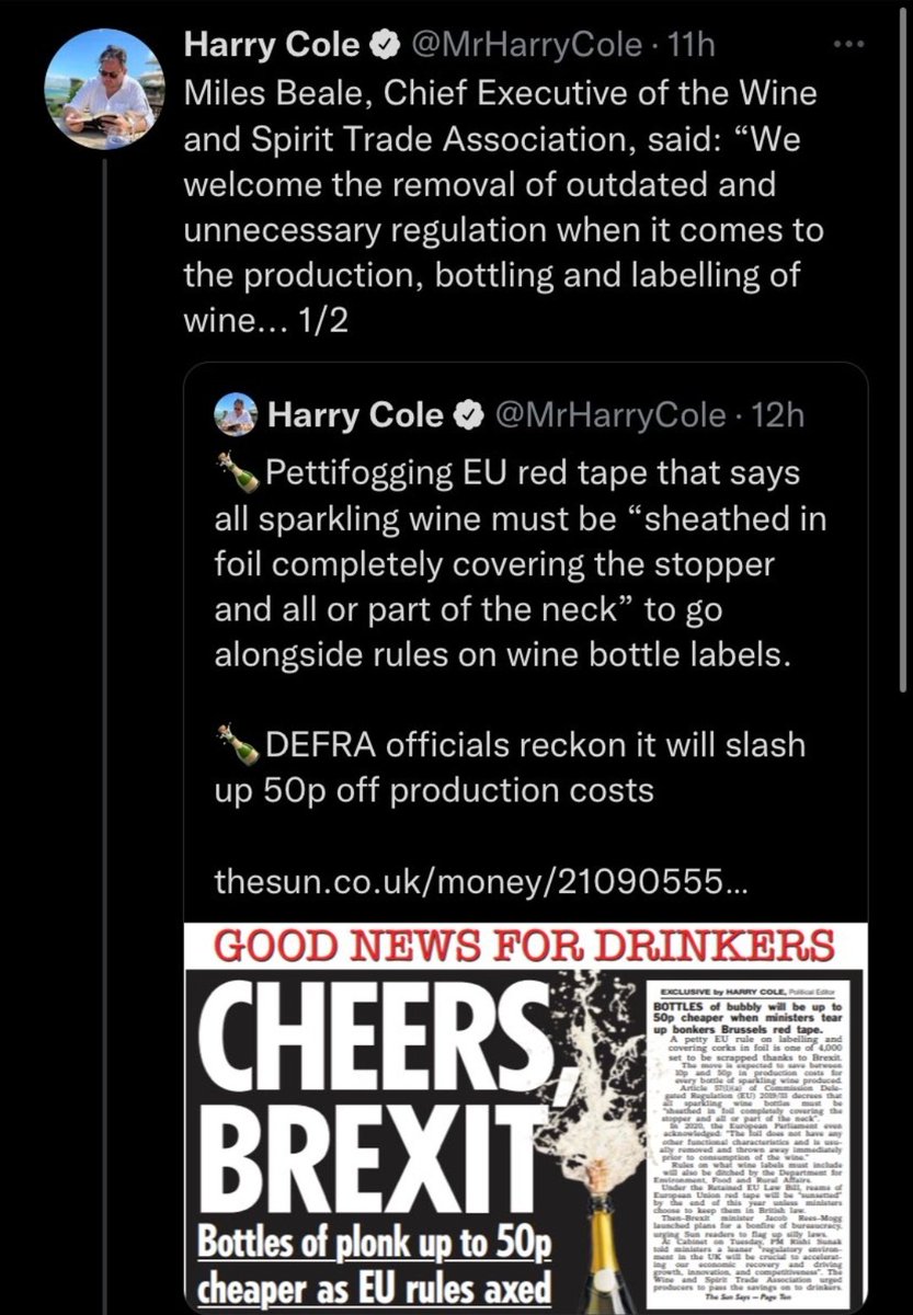 Otto_English's tweet photo. Harry Cole has FINALLY found a Brexit benefit. Sparkling wine won't have to have silver foil on its neck. Potentially saving consumers..... 50p on a £20+ bottle of fizz 

IT'S ALL BEEN WORTH IT https://t.co/ZafqdzZCFn