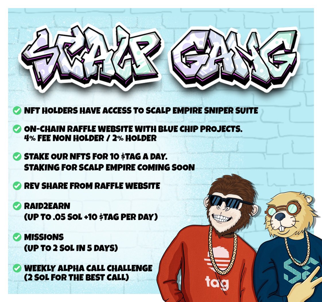 Alpha👇👇
 @TradingApesGang and <a href="/ScalpEmpireNFT/">Scalp Empire</a> 
1. Top Tier Sniper 🎯
2. Full Analytics 📈
3. Missions for  💰
4. R2E 🫡
5. Do your own Raffle site 🎟️
6. Rev-Share from raffle fees💸
7. Staking 🥩
8. Fire ass PFP 🎨
9. TON OF SHIT COMING🤯