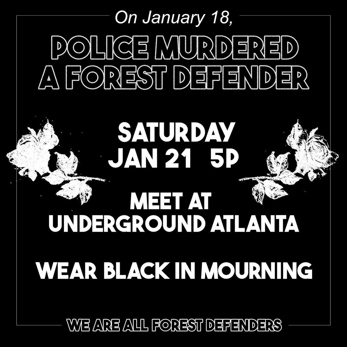 defendATLforest's tweet photo. Remember Tortugita. 
Fight for the dead, fight for the living.

Underground Atlanta
January 21 @ 5pm https://t.co/8wpG8xkqKf