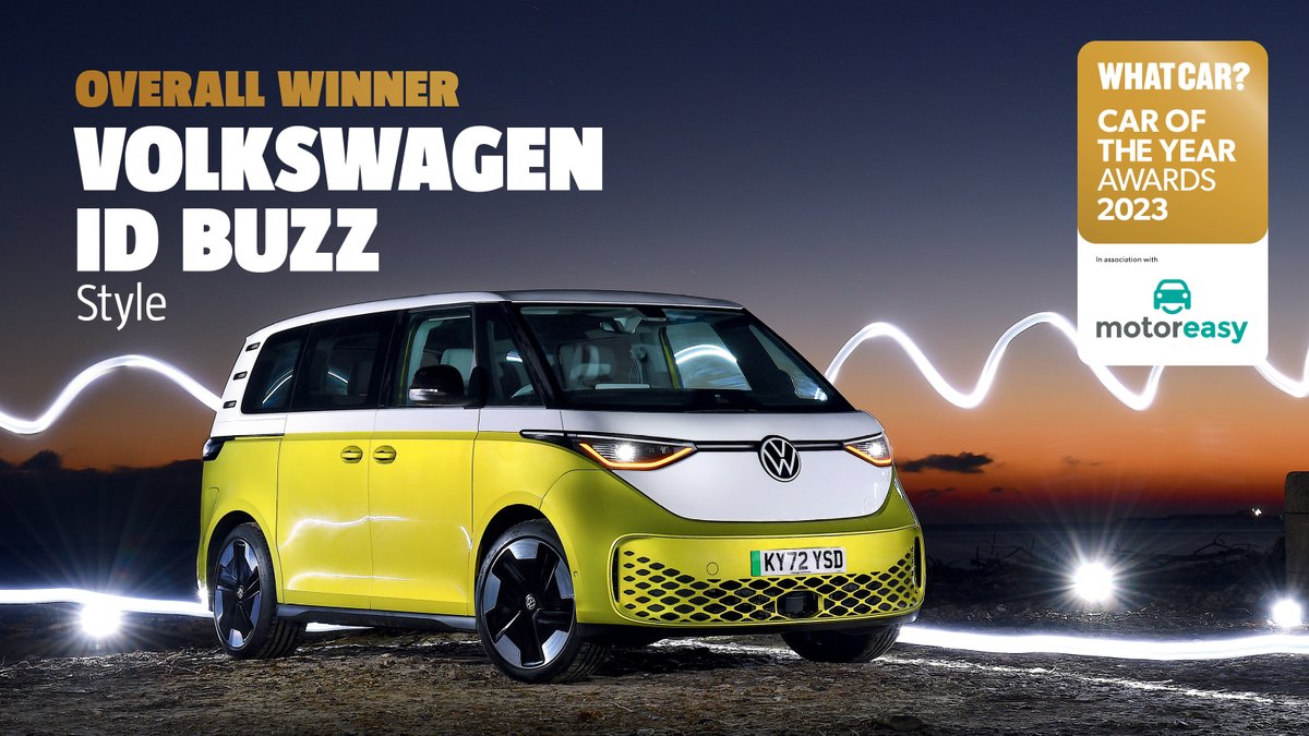 whatcar's tweet photo. The 2023 What Car? Car of the Year is the Volkswagen ID Buzz!

✅ Practical 🧳
✅ Quiet 🤫
✅ Comfortable 😌
✅ Safe 🦺
✅ Strong resale values 💪

Massive congratulations to @UKVolkswagen! 👏

#WhatCarAwards https://t.co/CyWmHEq89k