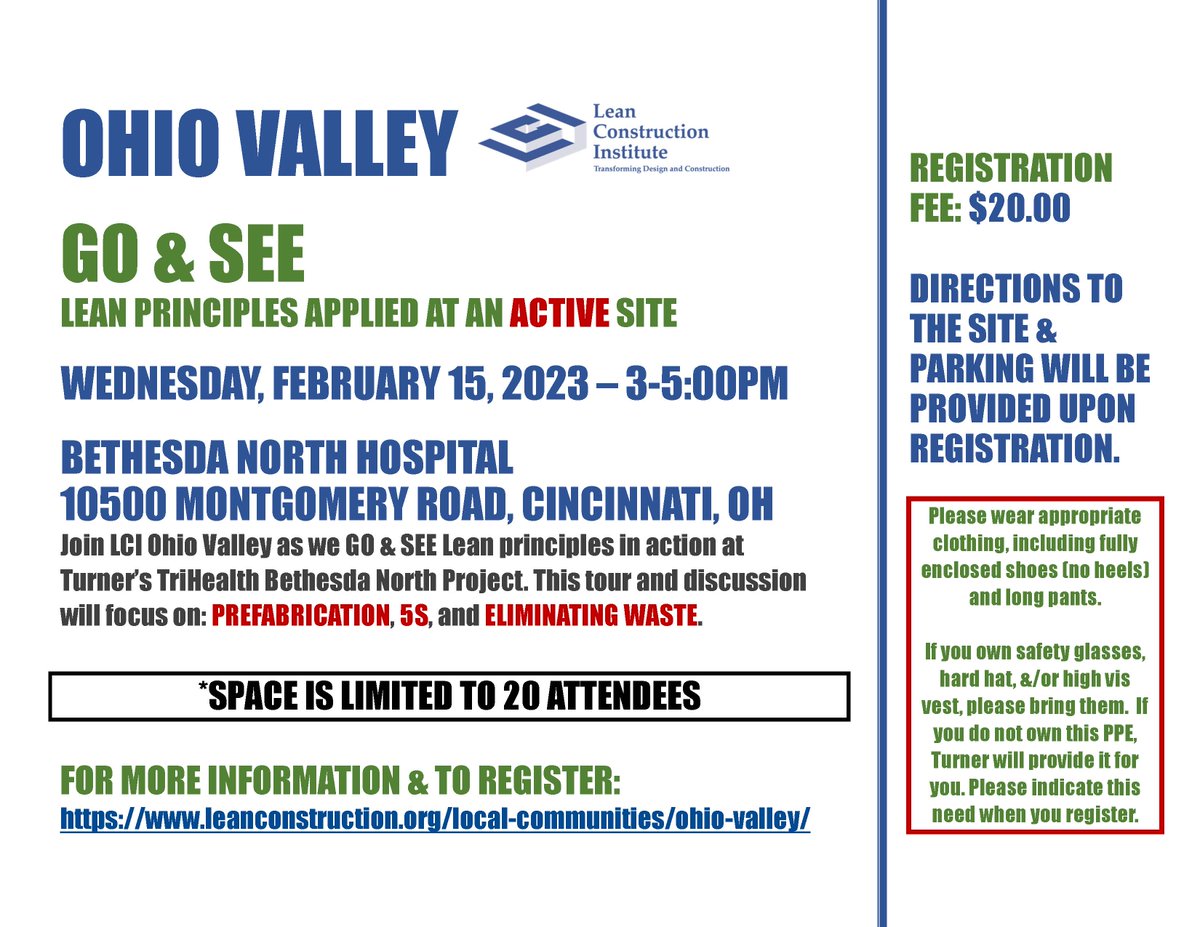 G3C_Consulting's tweet photo. February 15 Gemba Walk! Join LCI Ohio Valley as we GO &amp; SEE Lean principles in action at Turner's TriHealth Bethesda North (Cincinnati) Project. Registration is limited to 20 attendees, so register now at: https://t.co/ULqd8i1LSi  #CollaborateInnovateCreate https://t.co/FP2Cho3ekz