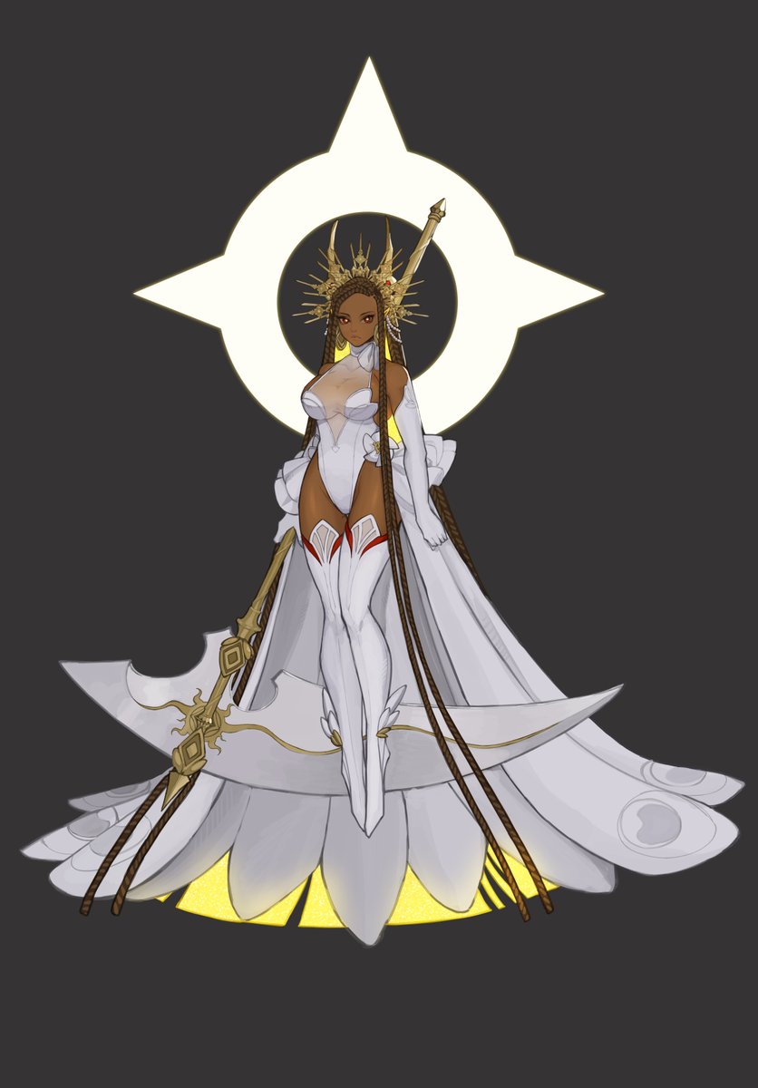 Her second power is she can also eat things and absorb their essence.
This means if she manages to eat a god she will absorb their power.
This can only happen if she turns into a black hole.

In that scenario, the sun behind her will become black like a black hole's event horizon 