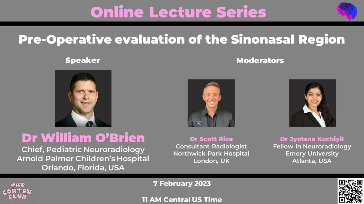 thecortexclub's tweet photo. Our Online Lecture Series on Paranasal Sinuses continues. Join us for a webinar on ‘Pre-Operative evaluation of the Sinonasal Region’ by @WmOBrienDO #thecortexclub REGISTER: https://t.co/TldHkiR4ep https://t.co/FxwEG0brIA