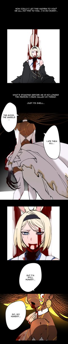 Her second power is she can also eat things and absorb their essence.
This means if she manages to eat a god she will absorb their power.
This can only happen if she turns into a black hole.

In that scenario, the sun behind her will become black like a black hole's event horizon 