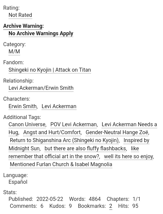 littlettalks's tweet image. aprovecho este tweet para nuevamente compartir mi modesto fic eruri 😭 que tiene exactamente este dialogo desde el pov de levi 🥲
bastante angst y PONELE que hurt comfort, hice lo posible para que no te quede un vacío existencial después de leerlo ❤️
archiveofourown.org/works/39161907