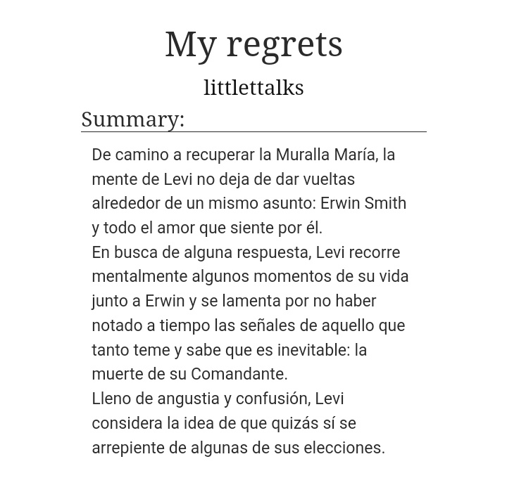 littlettalks's tweet image. aprovecho este tweet para nuevamente compartir mi modesto fic eruri 😭 que tiene exactamente este dialogo desde el pov de levi 🥲
bastante angst y PONELE que hurt comfort, hice lo posible para que no te quede un vacío existencial después de leerlo ❤️
archiveofourown.org/works/39161907