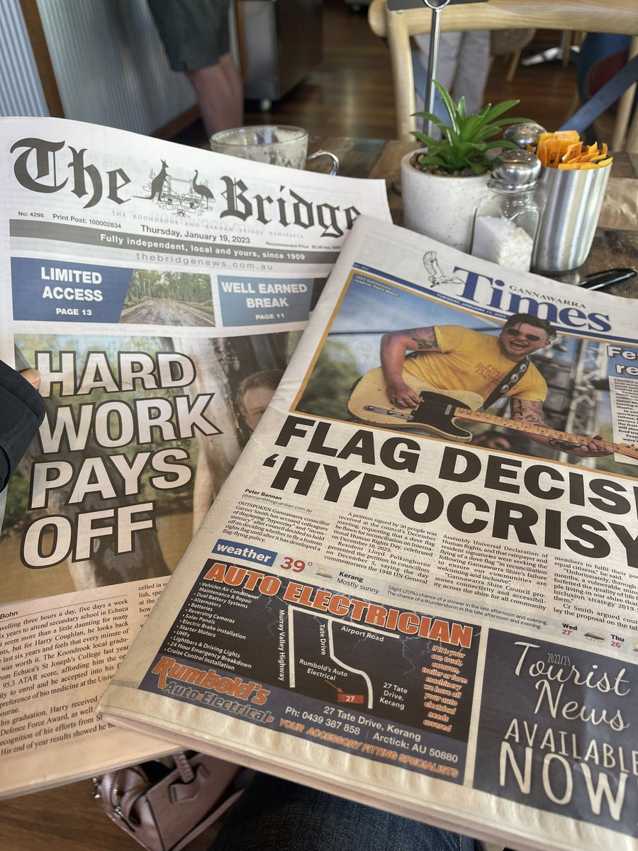 Awesome to be catching up on the local news while staying in Kerang! <a href="/GannawarraTimes/">Gannawarra Times</a> <a href="/Barham_News/">Bridge Newspaper</a> 
A strong regional media is so important for small towns and regional people <a href="/withMEAA/">MEAA</a> (and also giving excellent ABC journos such as <a href="/angusverley/">Angus Verley</a> a start in journalism)