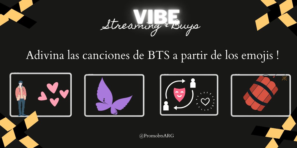 PromoBtsARG's tweet photo. 🇦🇷 VIBE ft. JIMIN PARTY 🇦🇷

 DINÁMICA  

Adivina las canciones de @BTS_twt a partir de los emojis 🧐

👉Dejen sus respuestas + sus capturas de stre3m desde cualquier plataforma. https://t.co/ZW2u1Vytua