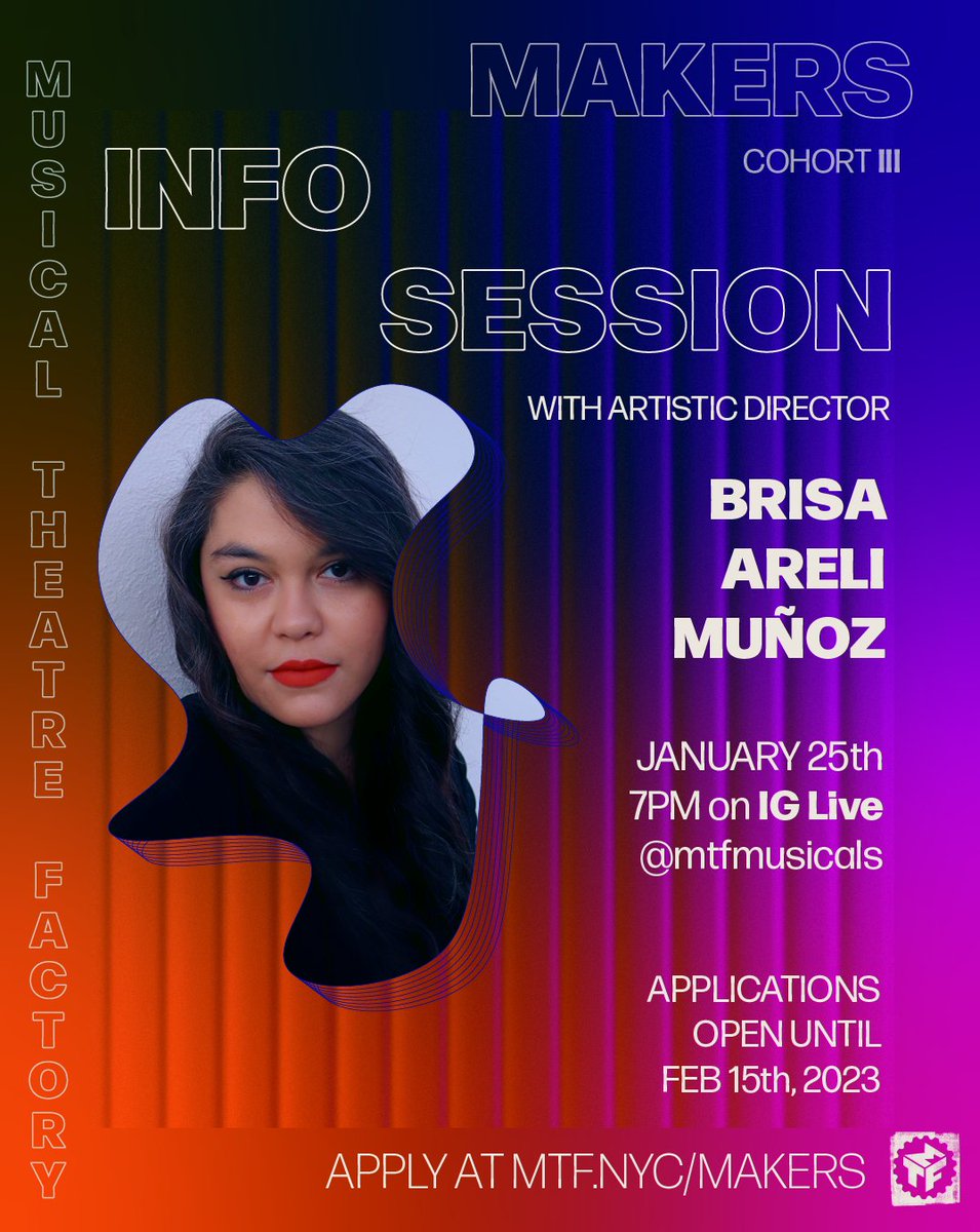 MTFmusicals's tweet photo. Next Wednesday, Brisa will host our first Makers Cohort III info session here on IG Live! Tune in on Jan. 25th at 7pm EST to learn more about #MTFMakers.#ResidencyProgram #MusicalTheatreDevelopment #MAKERSIII #InnovativeArtists #MusicalTheatreCreators#NewMusicalDevelopment https://t.co/I1olFL50Qt