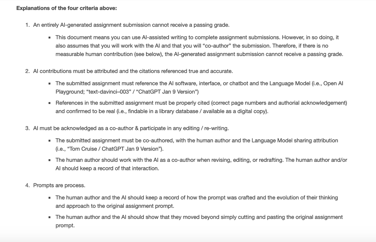 davidnwright's tweet image. Right then, here we go. AI writing criteria in my classes. Feels very real suddenly, but that&apos;s where we are...