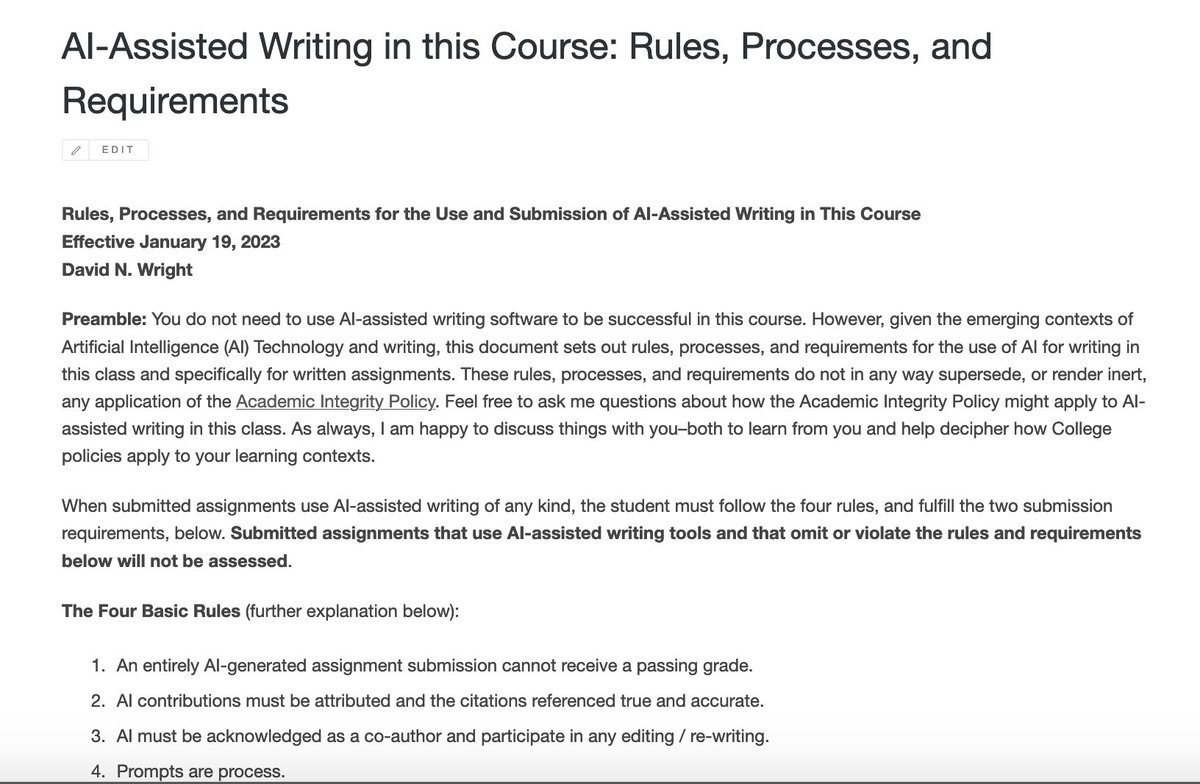 davidnwright's tweet image. Right then, here we go. AI writing criteria in my classes. Feels very real suddenly, but that&apos;s where we are...