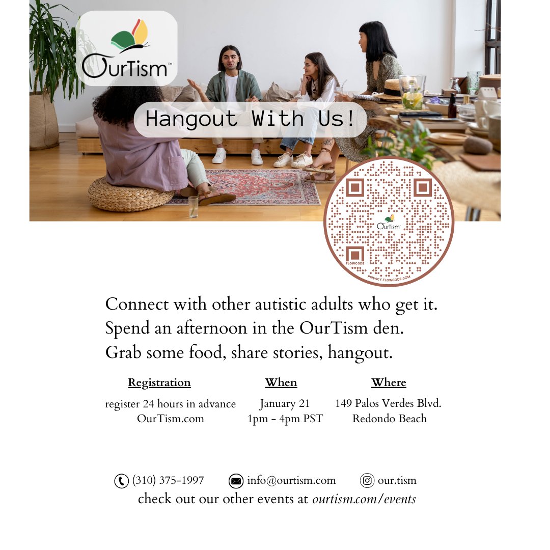 ourtism's tweet image. An invitation to Autistic Adults to get together with others who have the same lived experience.
Share stories and find support.
Grab some food and hang out with people who get it!
ourtism.com/event/hang-out…

#OurTism #OurTismEvents #OurTismServices #ActuallyAutistic #Aspergers