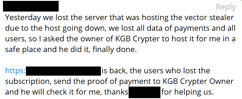 Gi7w0rm's tweet photo. Oh, look who is also hosting with #StarkIndustries #Bulletproof Hosting:
#KGB #Crypter
Besides their crypter product, they also cooperate with #Vector #Stealer. The Admin of #KGBCrypter actually helped #VectorStealer hide their new Infra after their servers were taken down. https://t.co/eFzfLpYL9V