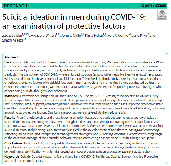 Dr. Zac Seidler (@zacseidler) on Twitter photo New paper 📜| Suicidal ideation in men during COVID‑19: An examination of protective factors
Read free here: bmcpsychiatry.biomedcentral.com/articles/10.11…
<a href="/michaeljwilson_/">Michael Wilson</a> <a href="/ClinPsyc/">Simon Rice</a> <a href="/suicideresearch/">Rory O'Connor</a> <a href="/unimelbMSPGH/">Melbourne School of Population and Global Health</a> 1/5 🧵 New paper 📜| Suicidal ideation in men during COVID‑19: An examination of protective factors
Read free here: bmcpsychiatry.biomedcentral.com/articles/10.11…
<a href="/michaeljwilson_/">Michael Wilson</a> <a href="/ClinPsyc/">Simon Rice</a> <a href="/suicideresearch/">Rory O'Connor</a> <a href="/unimelbMSPGH/">Melbourne School of Population and Global Health</a> 1/5 🧵