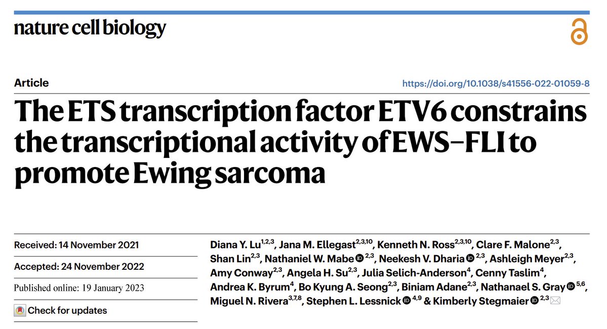 Stegmaier Lab (@kstegmaier_dfci) on Twitter photo Check out two new publications on Ewing sarcoma and ETV6 in <a href="/NatureCellBio/">Nature Cell Biology</a> from our lab and <a href="/ChrisVakoc/">Christopher Vakoc</a>. Excited to see them both in press!
doi.org/10.1038/s41556… Check out two new publications on Ewing sarcoma and ETV6 in <a href="/NatureCellBio/">Nature Cell Biology</a> from our lab and <a href="/ChrisVakoc/">Christopher Vakoc</a>. Excited to see them both in press!
doi.org/10.1038/s41556…