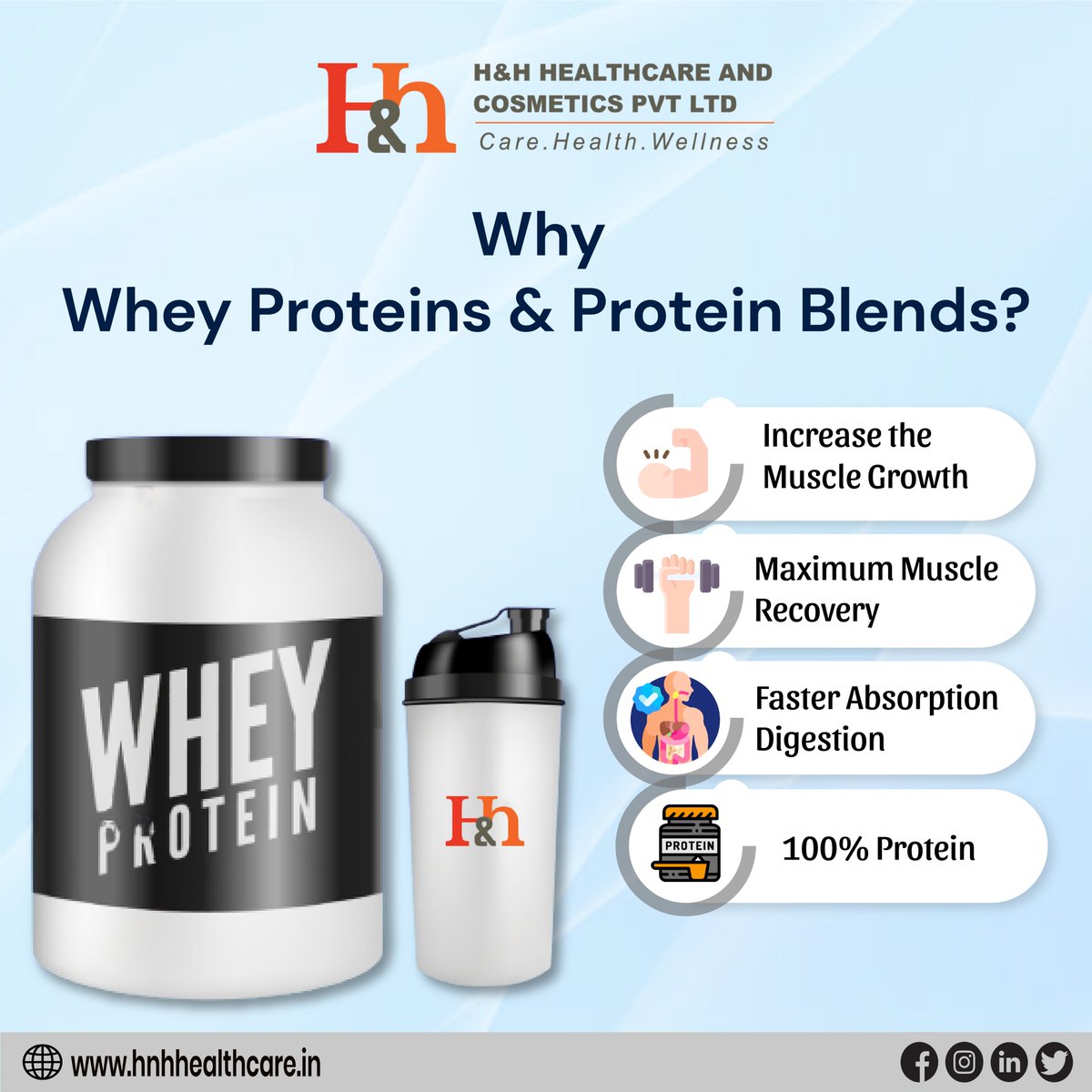 Protein blends contain multiple sources of protein and each of these proteins have
its own unique amino acid profiles and rates of digestion.
𝐂𝐨𝐧𝐭𝐚𝐜𝐭:- 9650338164 / 9109099951 / 9167108119
#hnhhealthcare #whey #leanmass #bodybuilding #muscle #protein #vitamins #healthcare