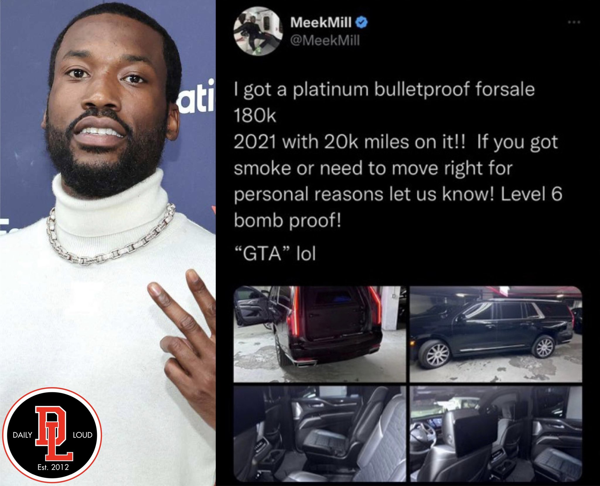 Mystery as Meek Mill deletes Tweet offer to sell bulletproof SUV