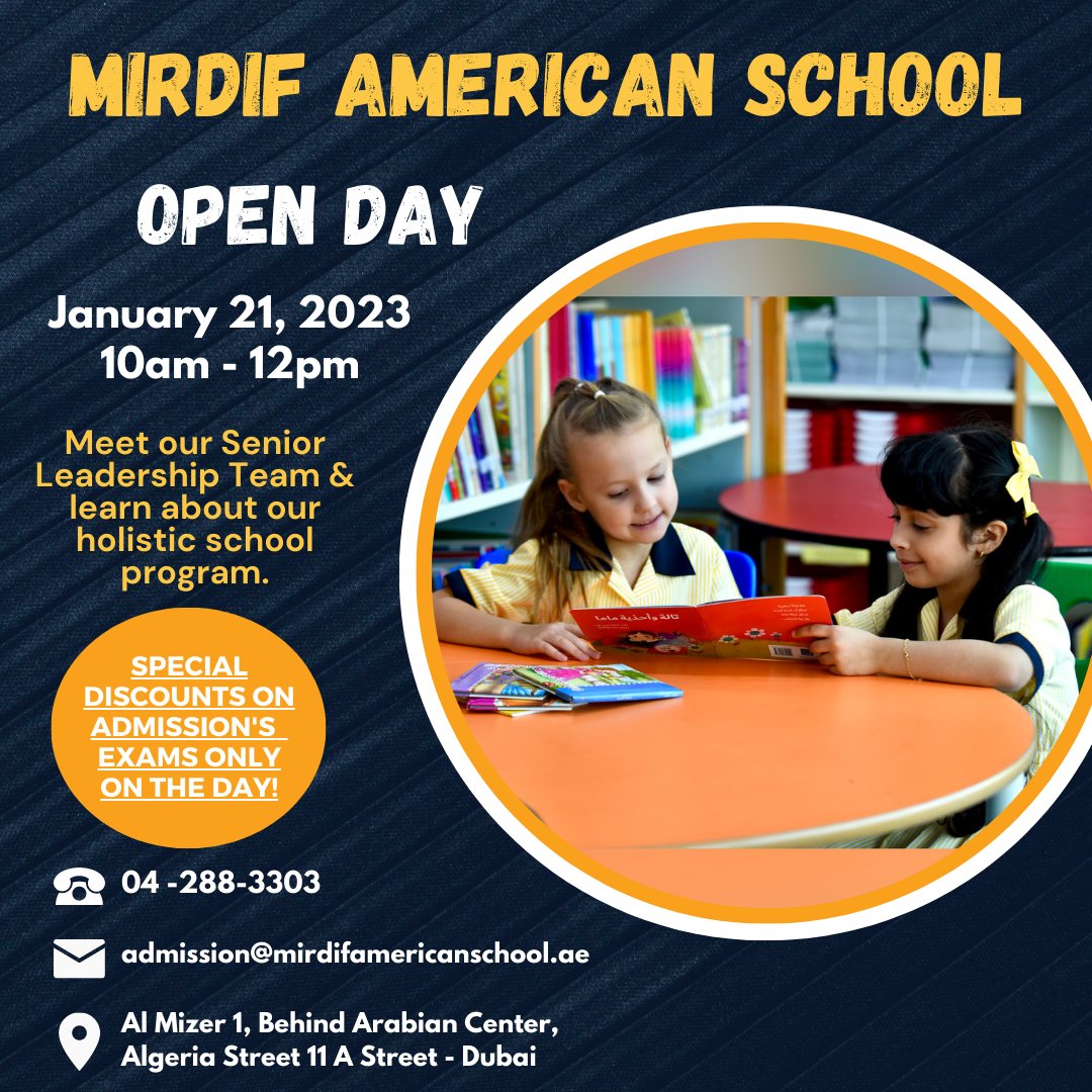 Mirdif1995's tweet photo. Join us this Saturday, January 21 from 10am till 12pm &amp; meet our leadership team to learn more about our program.
Click The Link https://t.co/O78xgSC1UW

#mirdifamericanschool #khda #mirdif #dubai #uae #admissions #openday #admissionopen #schools #dubaischools #dubaischool https://t.co/p0YkXXYTpV