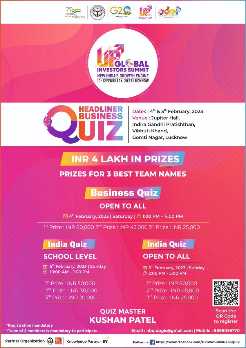 InfoDeptUP's tweet image. The Headliner #BusinessQuiz, organised by #UPGIS23, will run from 4th-5th Feb, 2023. 

Register Yourself, take part and win big prizes.

Venue: Jupiter Hall, Indira Gandhi Pratishthan, Vibhuti Khand, Gomti Nagar, Lucknow

#QuizTime 
#InvestInUP