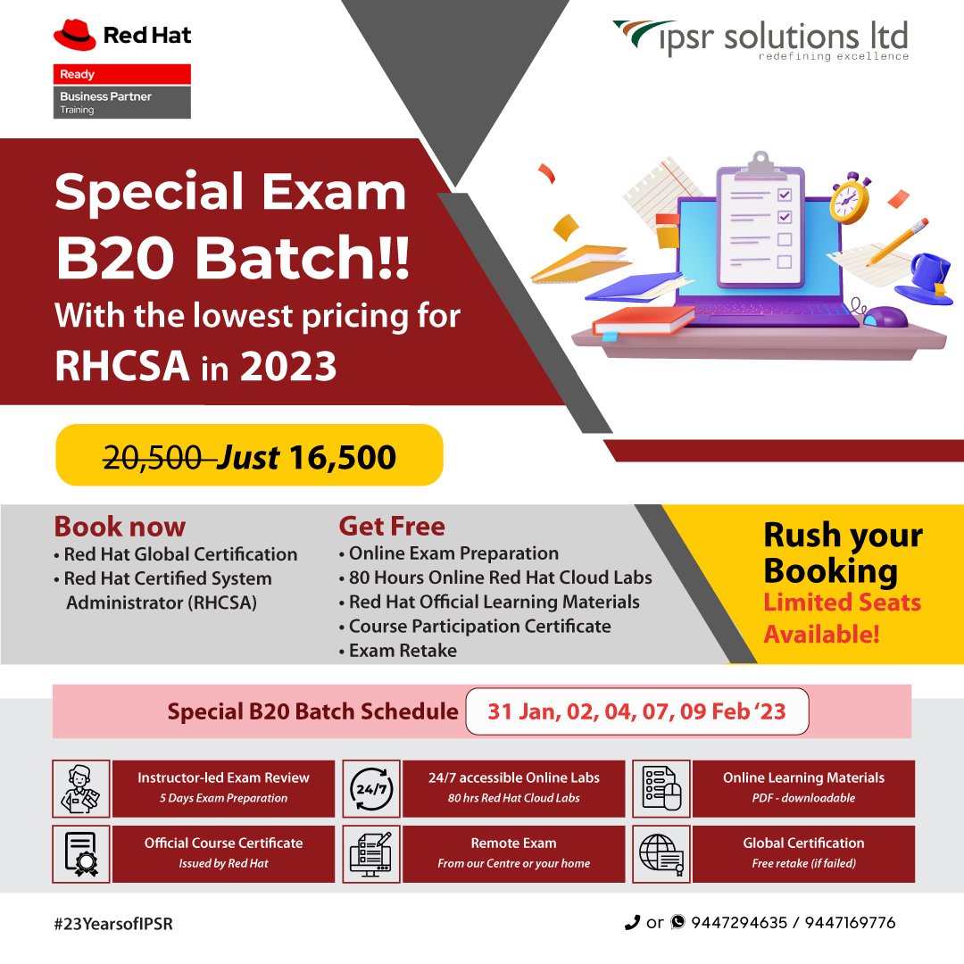 Don't Miss Out !
Enrol for the RHCSA Exam NOW and join the Special B20 Batch for FREE.
B20 Batch Schedule : 31 Jan, 02, 04, 07, 09 Feb '23
Call or WhatsApp : 9447294635 / 9447169776
wa.me/9447294635, wa.me/9447169776
#rhcsa #redhatcertification #EX200 #RHCSAExamV9