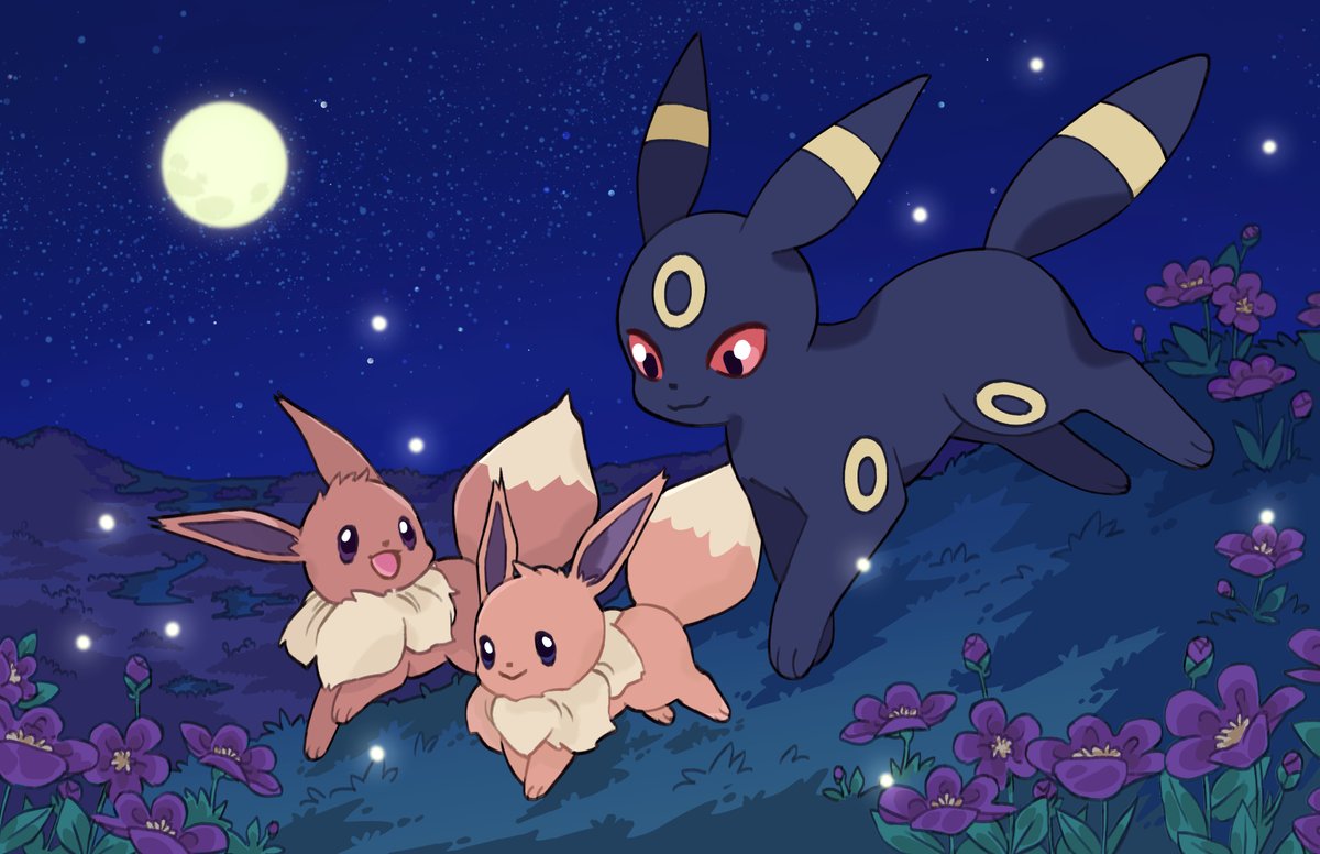 Eevee and Umbreon on a midnight walk. [pokemon]