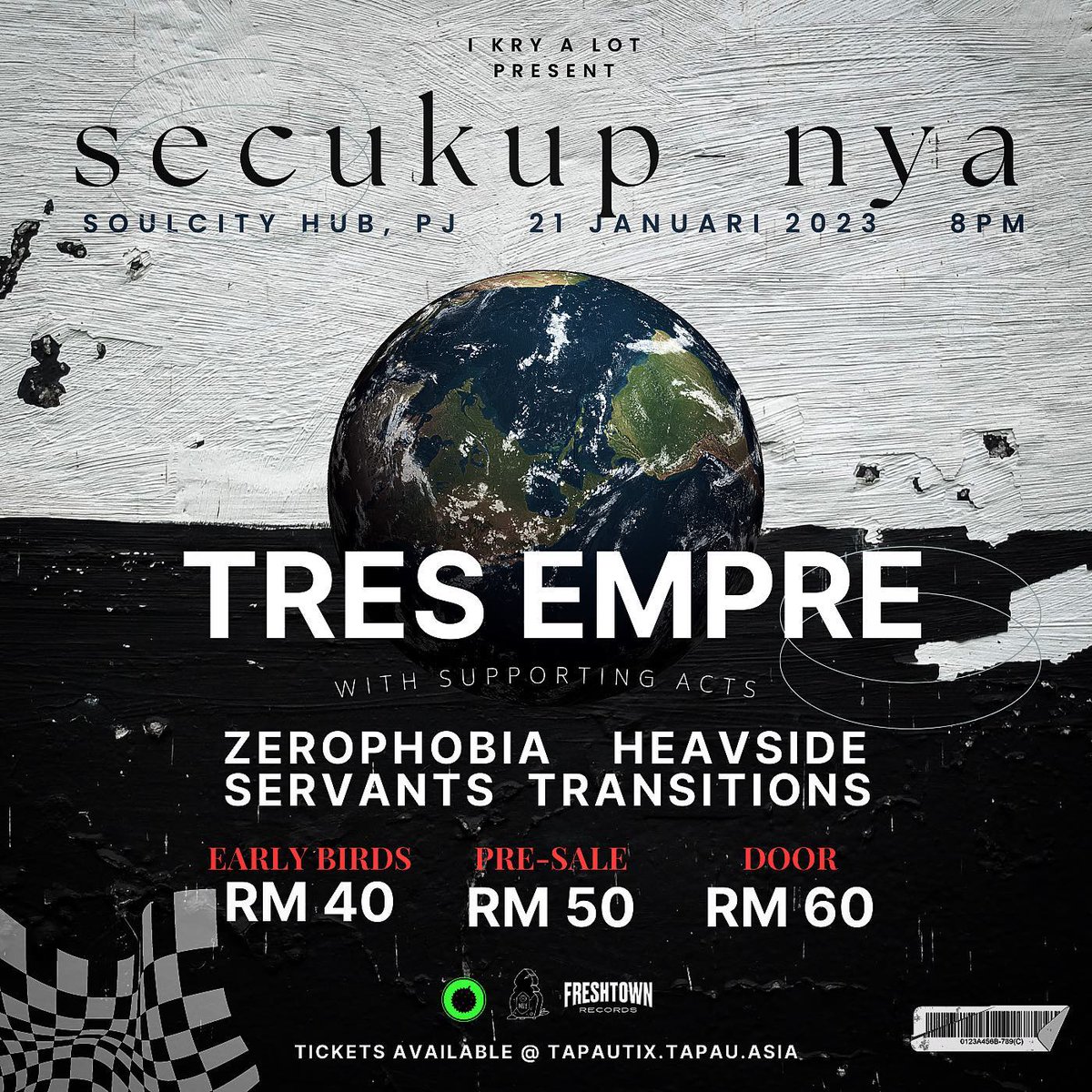 Excited to share the stage with our friends <a href="/heavsidekl/">NEW EP OUT NOW !</a> <a href="/zerophobiamy/">𝐙𝐄𝐑Ø𝐏𝐇𝐎𝐁𝐈𝐀</a> <a href="/servantsmy/">S E R V A N T S</a> and <a href="/TresEmpre/">Tres Empre</a> for a night of melancholic melody &amp; introspection tomorrow.

Don't miss this chance for an unforgettable night of thought-provoking performances!

Tickets still available! #secukupnya