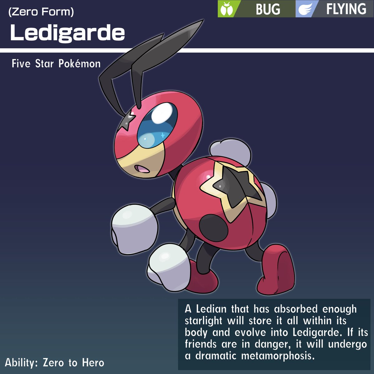 jsketch12's tweet photo. had a random idea today. what if Ledian's stats weren't useless

This is Ledigarde, an evolution of Ledian that's inspired by transforming magical girls! Hero Form's ability to create spears is a reference to the Timegate Traveler film in BW2 that starred a sapient Ledian. https://t.co/SWDnExkM5s