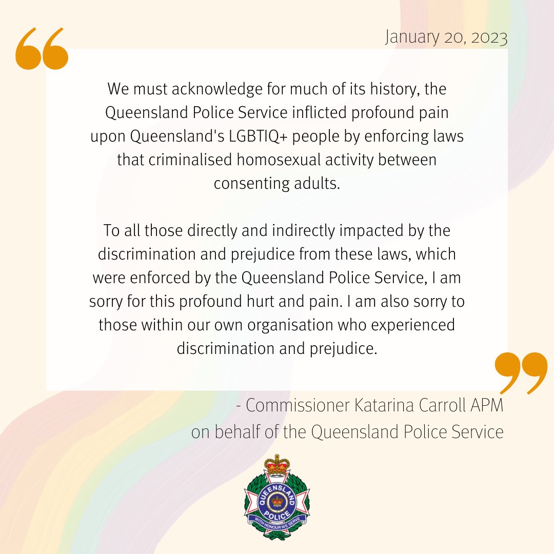QldPolice's tweet photo. Today, Commissioner Katarina Carroll offered an Apology and Statement of Regret to LGBTIQ+ Communities for Historical Mistreatment in front of representatives from LGBTIQ+ communities as well as LGBTIQ+ QPS members, past and present. 🌈 https://t.co/GsauiEhVON https://t.co/CwR5G1paIX