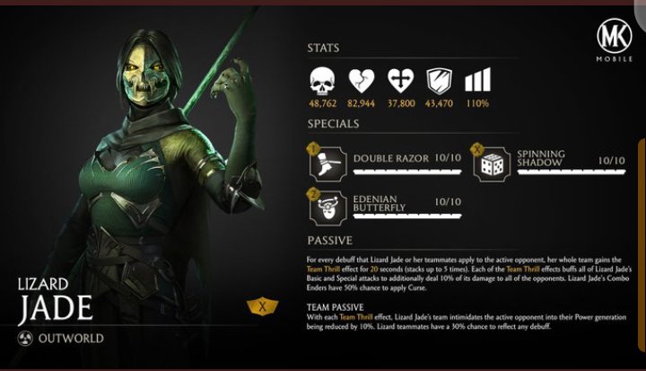 NI8MARE19's tweet photo. Dismantle your enemies with #LizardJade by applying debuffs to activate Team Thrill! This increases attack damage and chance to add Curse to opponents. #MKMobile https://t.co/pY4buaVUwz