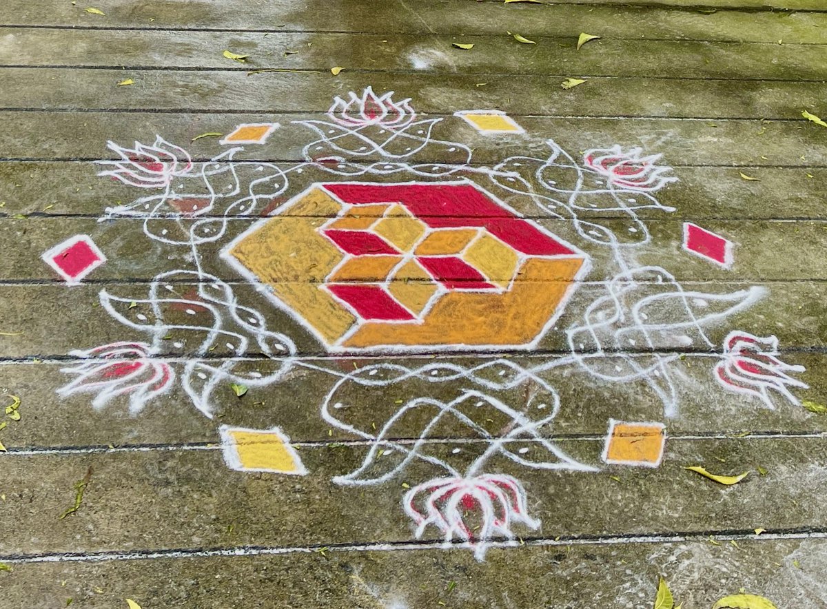 Optical illusion and 3d projections using colors #3dkolam #kolam #thresholdart #meditativedrawing #floorart #indiantraditionalart #geometry #wellbeing #arttherapy