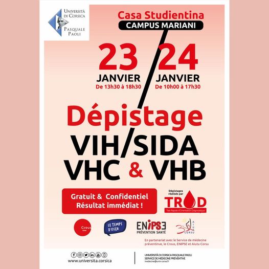 Si Vizzavona OK, Aiutu Corsu et <a href="/ENIPSE_officiel/">ENIPSE</a> / <a href="/Corevih_POC/">Corevih P.O.C.</a> te donnent RDV les 23 et 24 janvier à la Casa Studientina du <a href="/CrousDeCorse/">Crous de Corse - Crous di Corsica</a> et de <a href="/UnivCorse/">Università di Corsica</a> pour un dépistage VIH, VHC et VHB. Gratuit, anonyme et confidentiel🤫RDV lundi de 13h30 à 18h30 et mardi de 10h à 17h30 😉