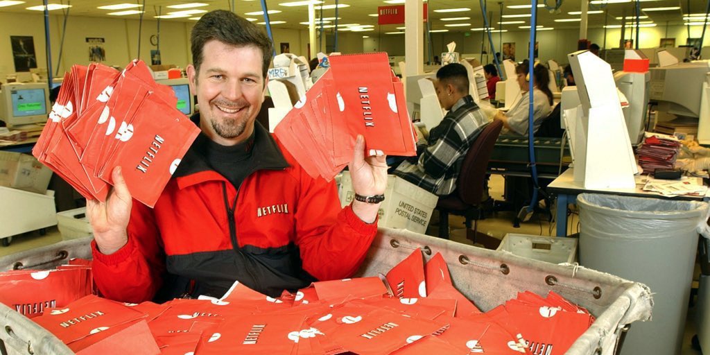JonErlichman's tweet photo. Reed Hastings has stepped down as Netflix CEO. 

He started Netflix at age 36…

…partly out of frustration from $40 in late fees to Blockbuster.

As Netflix grew, it wanted to sell itself to Blockbuster for $50 million.

Blockbuster said no.

Netflix is now worth $140 billion. https://t.co/ZOvcYkGndp