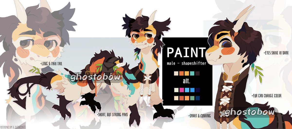 ghostobowo's tweet photo. @BetaEtaDelota Ah yes, Paint's time to shine. Design was made by avo, the refsheet is by qcntt, and everything else is by me! He is actually a shapeshifter, but dragon is his main form! https://t.co/WGlJoY6Sff